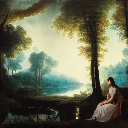 Prompt: girl in white dress sits by a pond in an apocalyptic dark forest at night, by john martin
