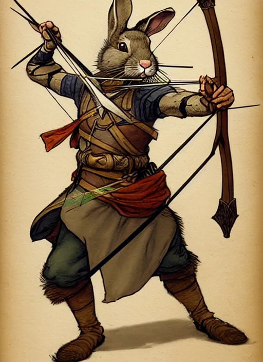 Image similar to a heroic rabbit archer with bow and arrow on a parchment background, redwall, greg rutowski and jean baptiste monge, detailed, epic fantasy concept art