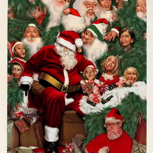 Image similar to vogue designer Santa Claus Sacrificing the Elves to a Volcano God Altar norman rockwell