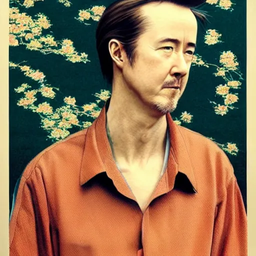 Image similar to “ edward norton portrait by ikenaga yasunari and ayana otake and ko rakusui, 6 0 s poster, drawing, realistic, sharp focus, japanese, dreamy, nostalgia, faded, golden hues, floral clothes, porcelain skin ”