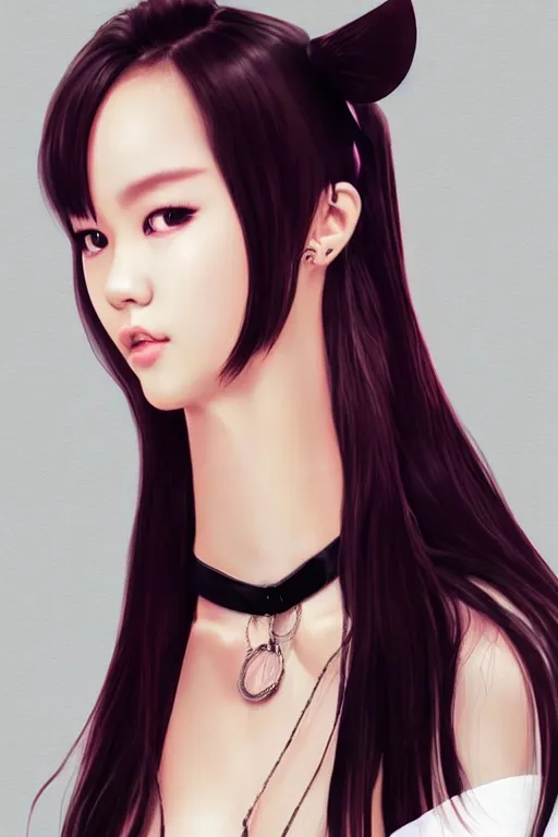 Image similar to realistic detailed semirealism beautiful gorgeous cute Blackpink Lalisa Manoban wearing white tight t-shirt, black hair black cat ears, black leather choker, proportional body, WLOP, Aztodio, Taejune Kim, sakimichan, ArtGerm, Pixiv, Instagram, Artstation