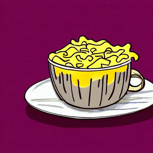 Prompt: a hand drawn illustration of a living box of KD mac and cheese holding a cup of coffee