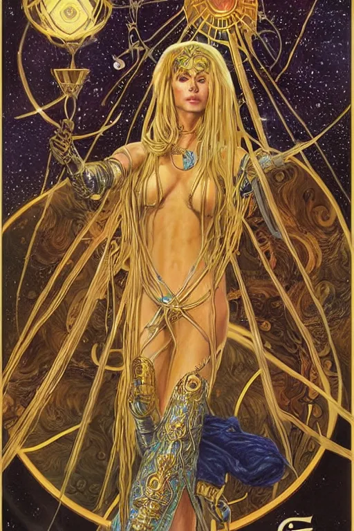 Prompt: Portrait of an epic space queen sorceress with long hair wearing robe with ornate bronze and gold, Art Noveau, retro science fiction poster by Elisabeth Sonrel and Kelly Freas (1965), tarot card, character concept art, vivid, highly detailed, cgsociety, artgerm