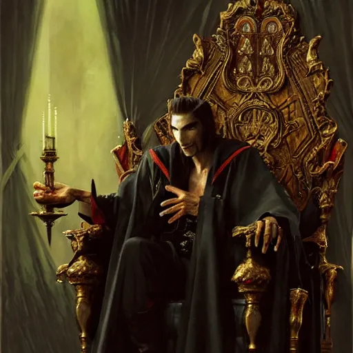 Image similar to perfectly centered portrait of attractive vampire king in a robe sitting on a throne of bones, highly detailed painting by gaston bussiere, craig mullins, j. c. leyendecker, 8 k