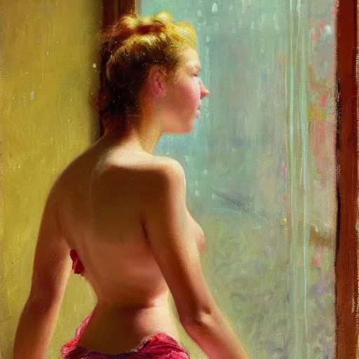 Image similar to A woman looking through a rainy window, back view, pink string bikini, modest, 1950s, americana, award-winning, warm colors, by Ilya Repin, deviantart