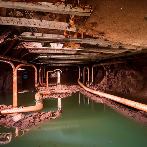 Image similar to underground copper mine, flooded, dirty water, rusty pipes