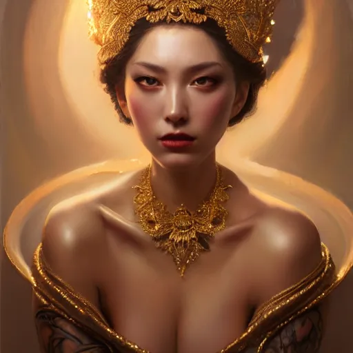 Prompt: expressive oil painting, of alluring european princess, seductive look, smirking, smooth glowing skin, glistening body, love, adoration, sweat, tattoos, ornate headpiece made of beads, glamour shot, by yoshitaka amano, by greg rutkowski, by jeremyg lipkinng, by artgerm, digital art, octane render