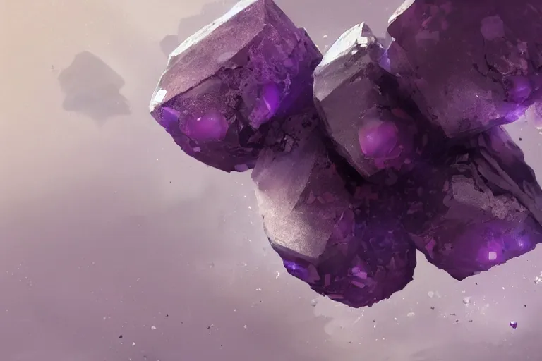 Image similar to close-up of three tiny magical purple stones, fragmented, debris floating in mid air, stones connected by magical energy, white background, concept art in style of Greg Rutkowski, painted by Frank Frazetta, trending on artstation