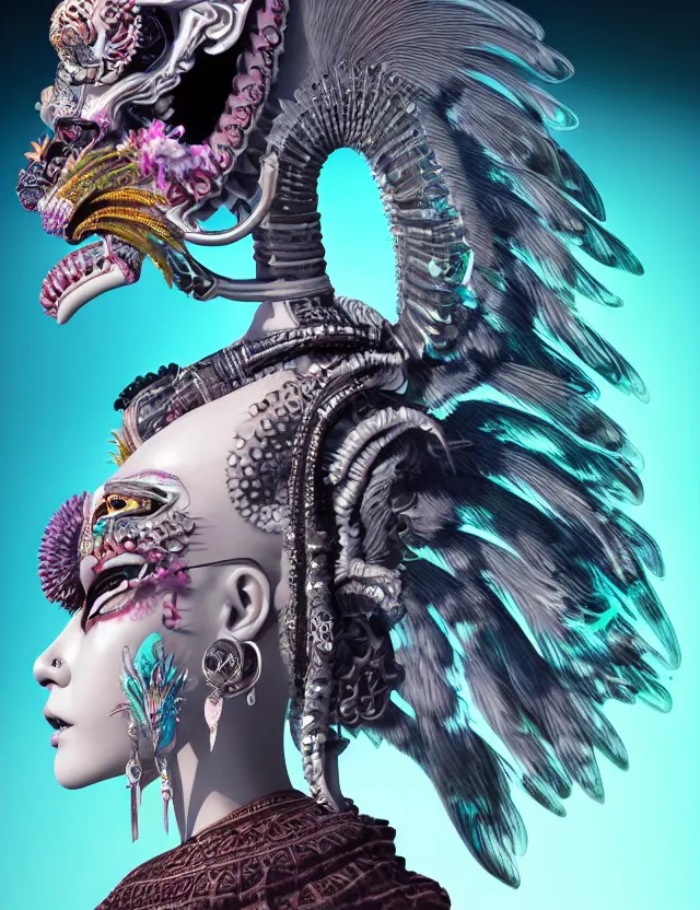 Image similar to 3 d goddess close - up profile portrait punk with mohawk with ram skull. beautiful intricately detailed japanese crow kitsune mask and clasical japanese kimono. betta fish, jellyfish phoenix, bio luminescent, plasma, ice, water, wind, creature, artwork by tooth wu and wlop and beeple and greg rutkowski