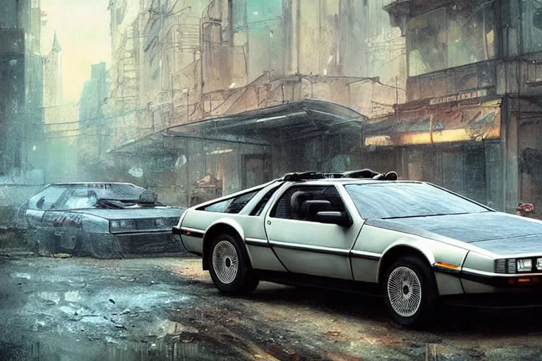 Image similar to photograph of the delorean, with a sleek spoiler, driving down the streets of a cyberpunk abandoned city, by greg rutkowski, by stanley artgerm, by alphonse mucha