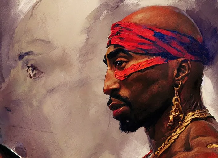 Prompt: a highly detailed beautiful portrait of tupac shakur as kratos, by gregory manchess, james gurney, james jean