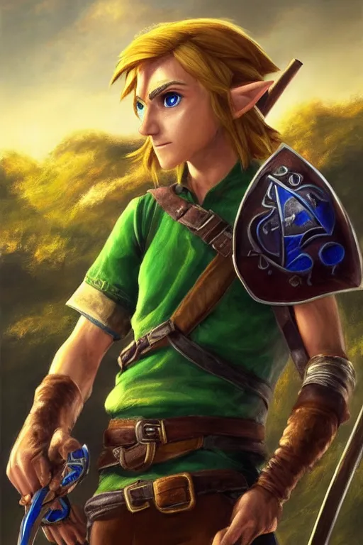 Image similar to Link from Zelda oil on canvas, intricate, portrait, 8k highly professionally detailed, HDR, CGsociety