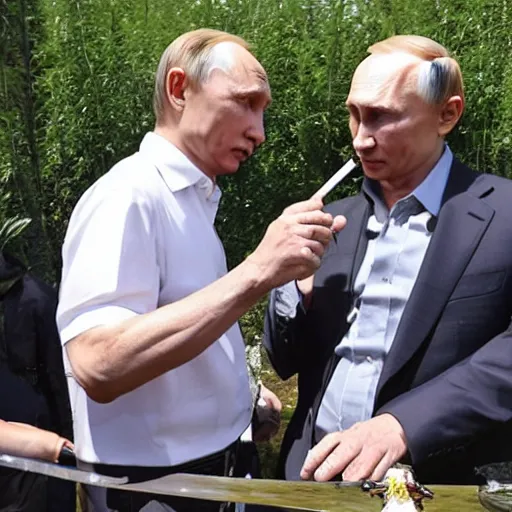 Image similar to Vladimir Putin smoking huge amounts of cannabis with a bong