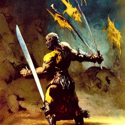 Prompt: a knight raising his sword painted by frank frazetta