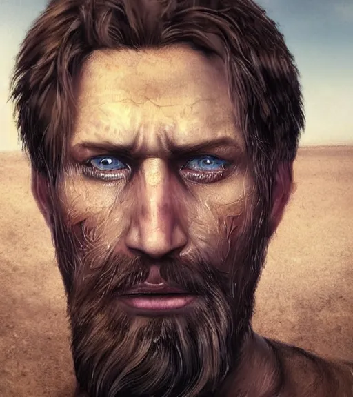 Image similar to portrait of muscular, tired and alcoholic 3 0 - year - old grieving man with short darkblonde hair, serious sad look in his eyes, looking down, dirty beard, blue eyes, crying tears, wearing dirty soldier uniform, on the desert, sad atmosphere, hyper realistic face, character art, art by mark brooks, cryengine, trending on artstation, digital art