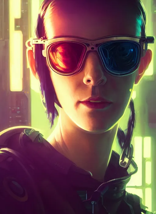 Image similar to highly detailed portrait of a cyberpunk sci - fi hacker, stephen bliss, unreal engine, greg rutkowski, loish, rhads, beeple, makoto shinkai and lois van baarle, ilya kuvshinov, rossdraws, tom bagshaw, alphonse mucha, global illumination, detailed and intricate environment