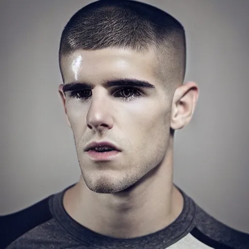 Image similar to “a realistic detailed photo of a guy who is an attractive humanoid who is half robot and half humanoid, who is a male android, Christian Pulisic, shiny skin, posing like a statue, blank stare,, display”