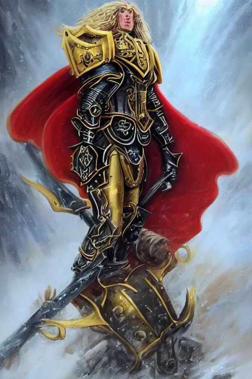 Prompt: a tall and imposing Warhammer 40k paladin in black and gold armor, long red cape, glorious LONG BLOND hair, by Ivan Aivakovsky, by Boris Vallejo, epic fantasy character art, D&D Concept Art, full length, Realistic, Regal, Refined, Detailed Digital Art, Oil Paining, Exquisite detail, post-processing, masterpiece, Cinematic Lighting, Unreal Engine, 8k, HD