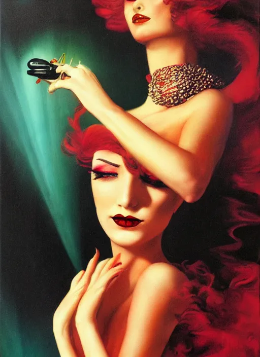 Image similar to an 8 0 s portrait of a woman with dark eye - shadow and red lips with dark slicked back hair dreaming acid - fueled hallucinations by serge lutens, rolf armstrong, delphin enjolras, peter elson