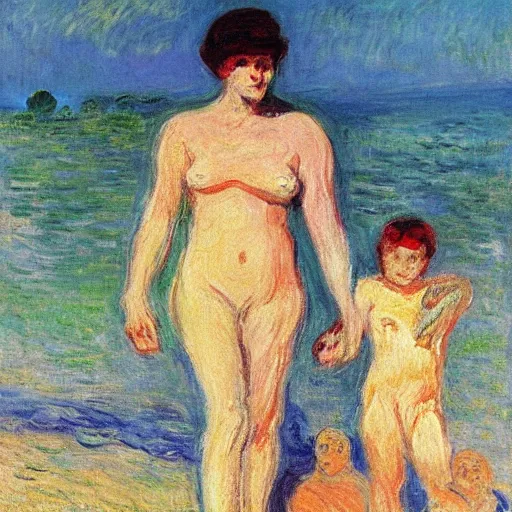 Image similar to a mummy and a werewold holding hands on ipanema beach by monet