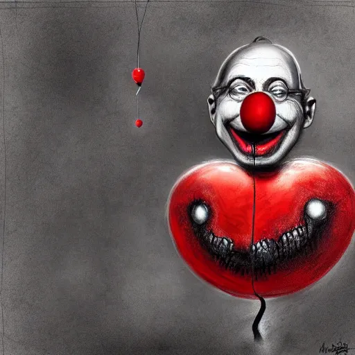 Image similar to surrealism grunge cartoon portrait sketch of clown with a wide smile and a red balloon by - michael karcz, loony toons style, freddy krueger style, horror theme, detailed, elegant, intricate