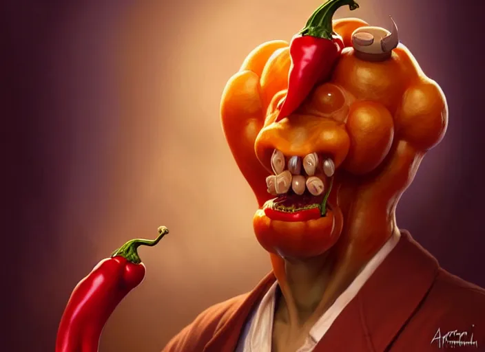 Image similar to a anthropomorphic pepper wearing a lab coat, diffuse lighting, fantasy, intricate, elegant, highly detailed, lifelike, photorealistic, digital painting, artstation, illustration, concept art, smooth, sharp focus, art by frank frazetta and marco bucci and loish and rossdraws and artgerm and alphonse mucha