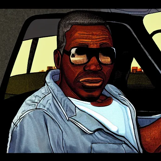 Image similar to old black man in car, gta san andreas art