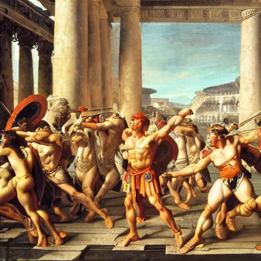 Prompt: muscular warrior women, spartan warrior women, women fighting men, muscular men, roman warrior men, clashing in gladiatorial arena, roman coliseum, roman emperor watching, art by jacques - louis david