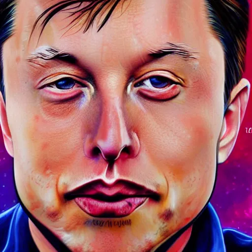 Prompt: extremely detailed 4k painting of Elon Musk with a tan, universe in his eyes