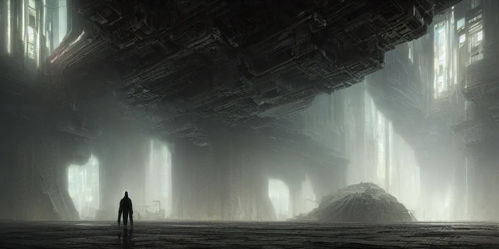 Image similar to lost and alone in a vast future sci - fi cyberpunk brutalist megastructure temple by gustave dore and gustave moreau and beksinski and giger and craig mullins and jeremy mann, anamorphic lens flares