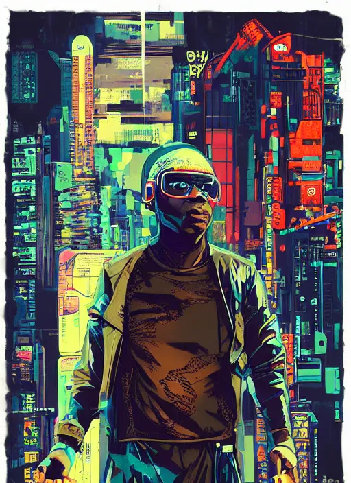 Prompt: chidi igwe. cyberpunk hacker in tactical jumpsuit. portrait illustration, pop art, splash painting, art by geof darrow, ashley wood, alphonse mucha, makoto shinkai