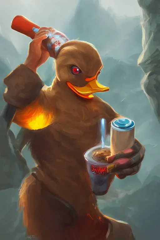 Image similar to duck drinks energy napiokmonstr energy, concept art, wlop, digital painting, trending on artstation, highly detailed, epic composition, official media, 8 k uhd