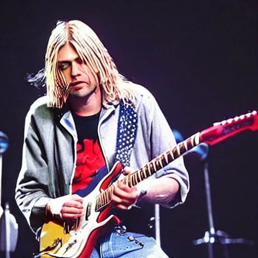 Image similar to Kurt Cobain (Nirvana) on stage at a concert if he was still alive today, 2022, alternate reality picture