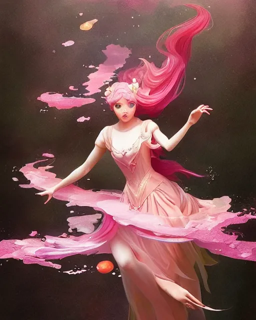 Image similar to princess peach, pink, splash aura in motion, floating pieces, painted art by tsuyoshi nagano, greg rutkowski, artgerm, alphonse mucha, spike painting