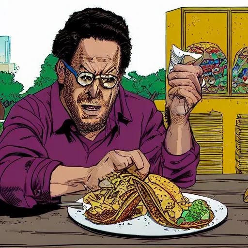 Prompt: a man eating a taco by geof darrow, detailed, realistic shading