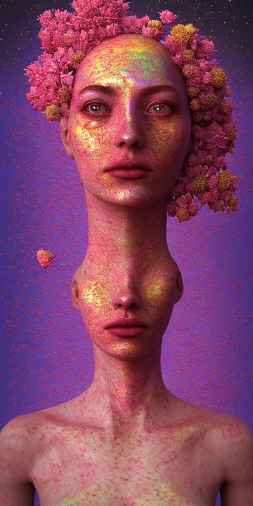 Image similar to hyper detailed 3d render like a Oil painting - portrait sculpt of Aurora (Singer) seen in mascara Lips on the Strangling network of yellowcake aerochrome and milky Fruit that covers her body and Her delicate Hands hold of gossamer polyp blossoms bring iridescent fungal flowers whose spores black the foolish stars by Jacek Yerka, Mariusz Lewandowski, Houdini algorithmic generative render, Abstract brush strokes, Masterpiece, Edward Hopper and James Gilleard, Zdzislaw Beksinski, Mark Ryden, Wolfgang Lettl, hints of Yayoi Kasuma, octane render, 8k