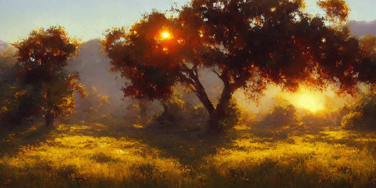 Image similar to a beautiful, stunning oil painting of a landscape in spring during sunrise by craig mullins