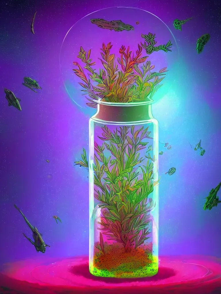 Prompt: concept art. illustration. sci - fi. multicolour strange weird plants and flowers from a different planet in a closed jar. plain background. high sci - fi. holographic, beautiful, ethereal
