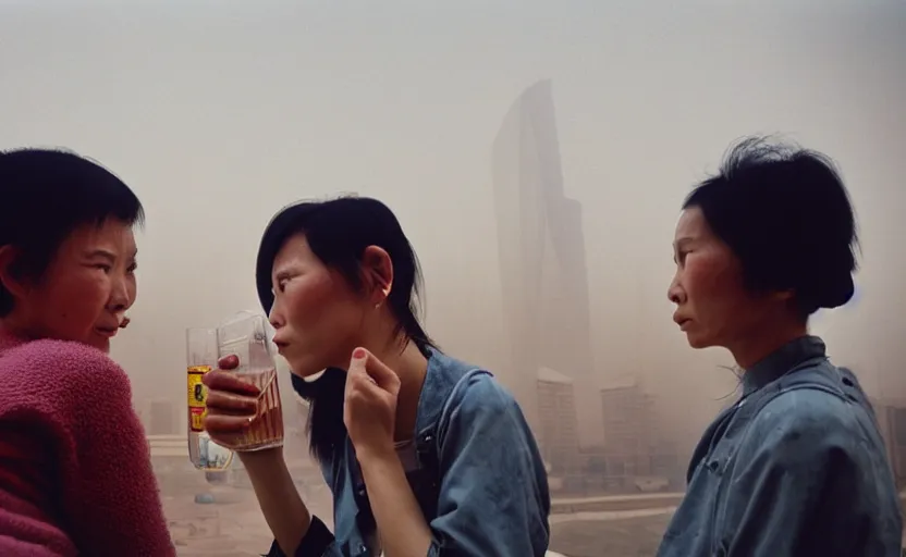 Prompt: cinestill 5 0 d candid photographic portrait by helen levitt of two android women sharing a drink in futuristic china, extreme closeup, modern cyberpunk, dust storm, 8 k, hd, high resolution, 3 5 mm, f / 3 2, ultra realistic faces, intricate detail, ex machina