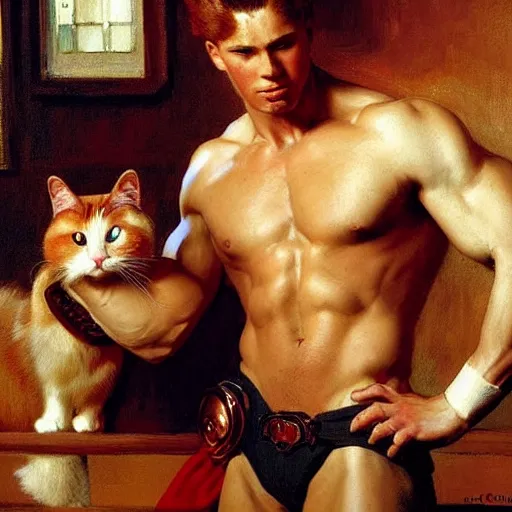 Prompt: attractive muscular male with red hair and muscular attractive white fluffy cat, drinking their hearts out, in a pub. very defined and highly detailed painting by j. c. leyendecker, gaston bussiere, craig mullins 8 k