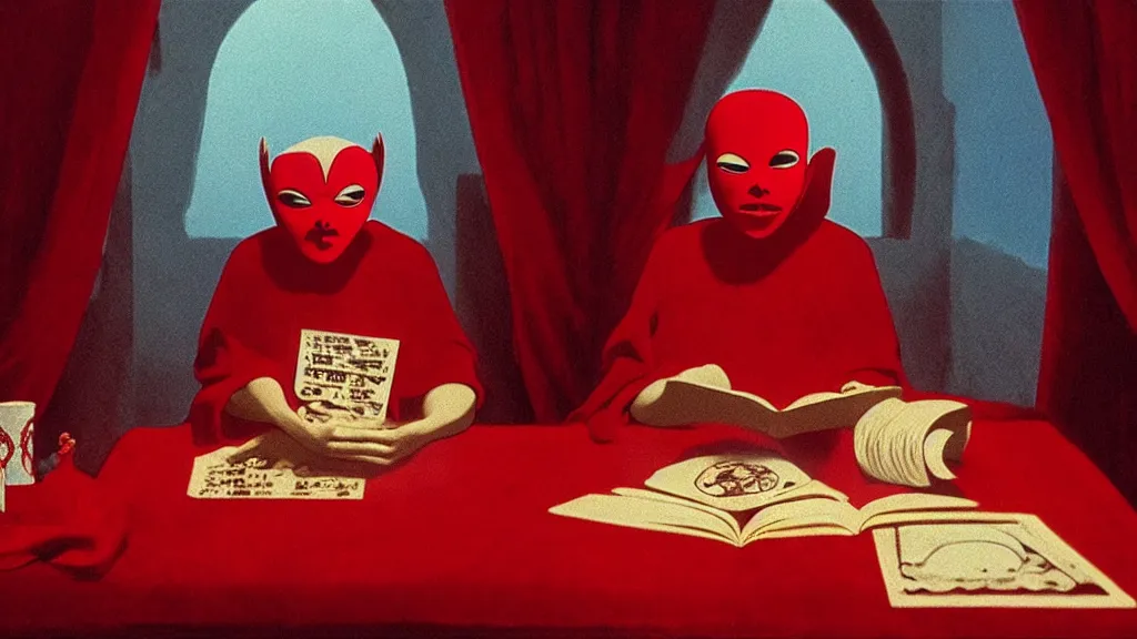 Image similar to a fortune teller wearing a mask sits in a red velvet room reading a fortune, film still from the movie directed by Studio Ghibli with art direction by Zdzisław Beksiński and Salvador Dalí, wide lens