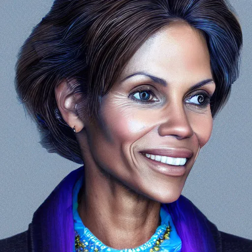 Image similar to portrait of maci holloway, first woman elected as president in usa, cold but beautiful, about 3 5 years old, highly detailed, mix of halle berry and julia roberts, artstation hd, deviantart, by artgem