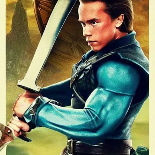 Image similar to cinema poster of a young arnold schwarzenegger holding a sword playing link in the new zelda movie