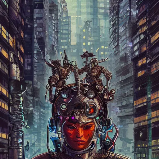 Image similar to portrait of cyborg vikings in a futuristic city by Dan Mumford and Sandra Chevrier, 4k, ultra realistic, artstation trending