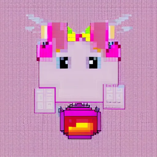 Prompt: a pretty pink unicorn eating a little hamburger | pixel art | very high quality | very detailed | totally awesome | very cute # pixelart