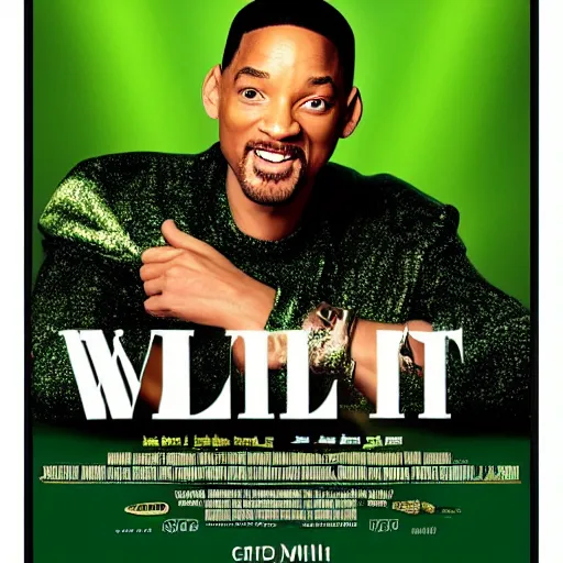 Image similar to movie poster cover of Will Smith, wearing a sparkly green dress, comedy movie cover