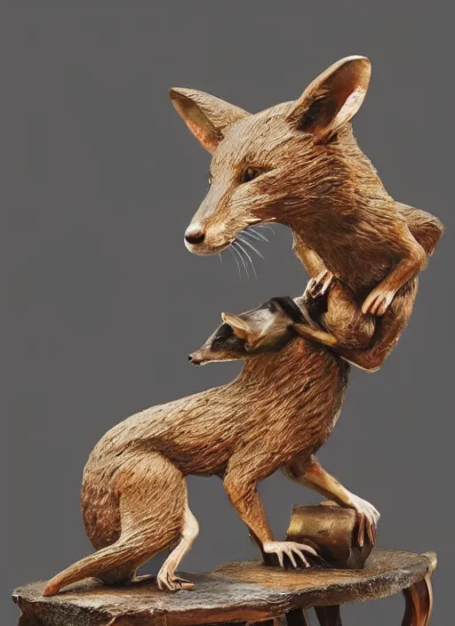 Image similar to sculpture of rat kissing the fox made of wood, portrait, female, future, wood, tree, harper's bazaar, vogue, magazine, insanely detailed and intricate, concept art, close up, ornate, luxury, elite, elegant, trending on artstation, by ruan jia, by Kenneth Willardt, by ross tran, by WLOP, by Andrei Riabovitchev,