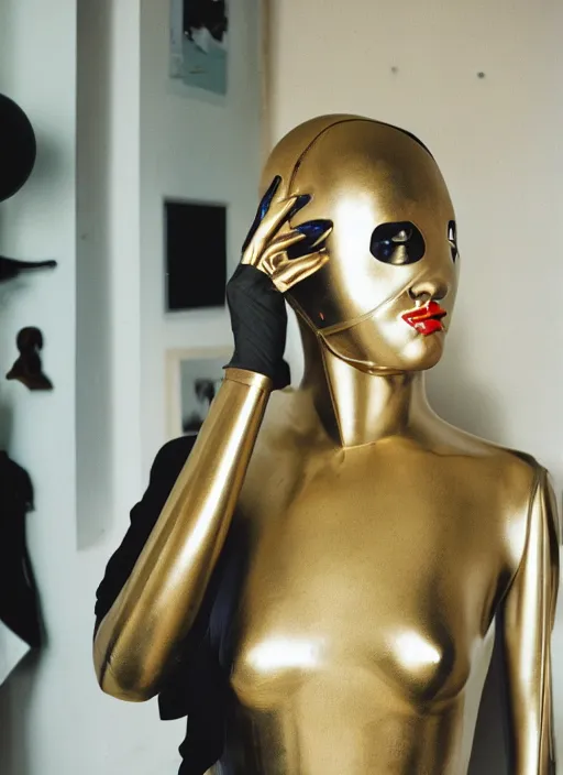 Image similar to a fashion portrait photograph of a mannequin wearing a metal mask with big spheres designed by wes anderson, 3 5 mm, color film camera, pentax