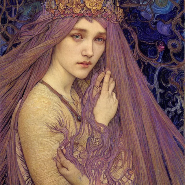 Image similar to detailed realistic beautiful young medieval queen face portrait by jean delville, alphonse mucha, vincent van gogh, and marco mazzoni, art nouveau, symbolist, visionary, gothic, pre - raphaelite