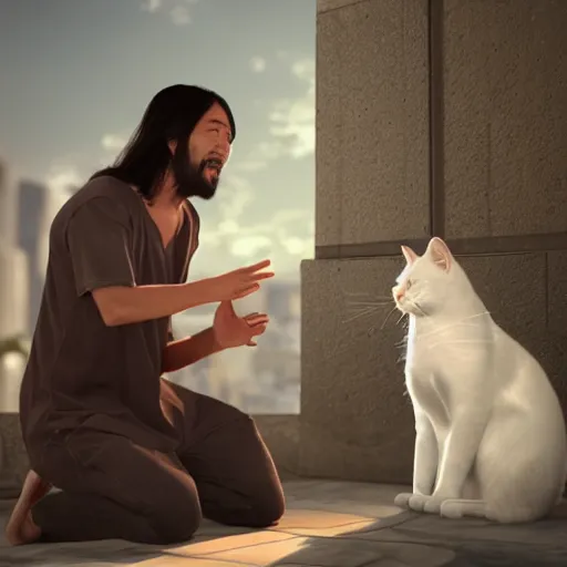 Image similar to hyper realistic unreal engine 4 render of a half - cat half - human asian jesus performing a miracle on a blind human